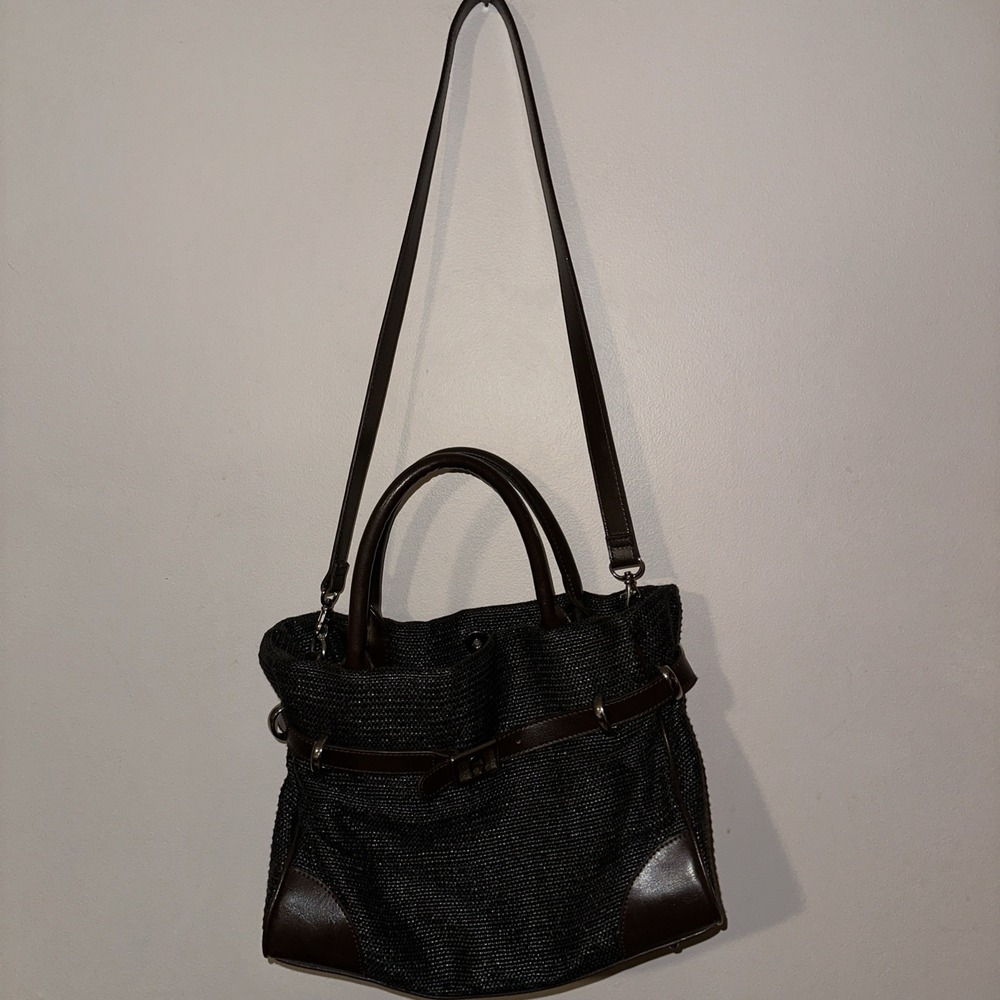 Etienne‎ Aigner Women's Weave Gray Brown Leather Trim Shoulder Bag Purse Medium